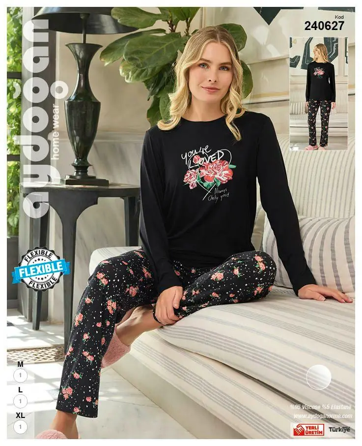 Aydoğan Kadın Viskon Bisiklet Yaka Uzun Kollu Pijama Takımı L Beden 240627