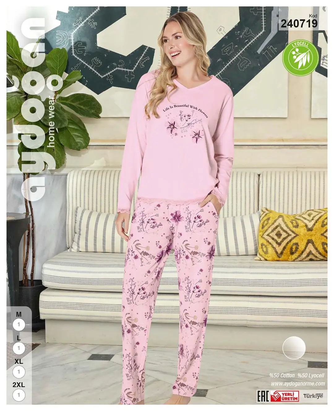 Aydoğan Kadın Atlas V Yaka Uzun Kollu Pijama Takımı 2XL Beden 240719