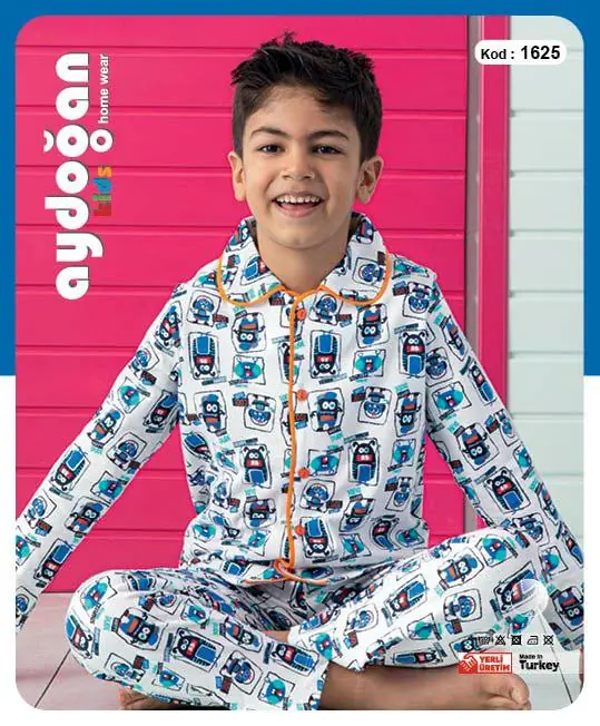 Aydoğan Erkek Çocuk Önden Düğmeli Uzun Kollu Pijama Takımı 4 Beden 1625